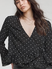 Simply Be Mono Spot Sheer Wrap Long Sleeve Blouse - Image 4 of 4