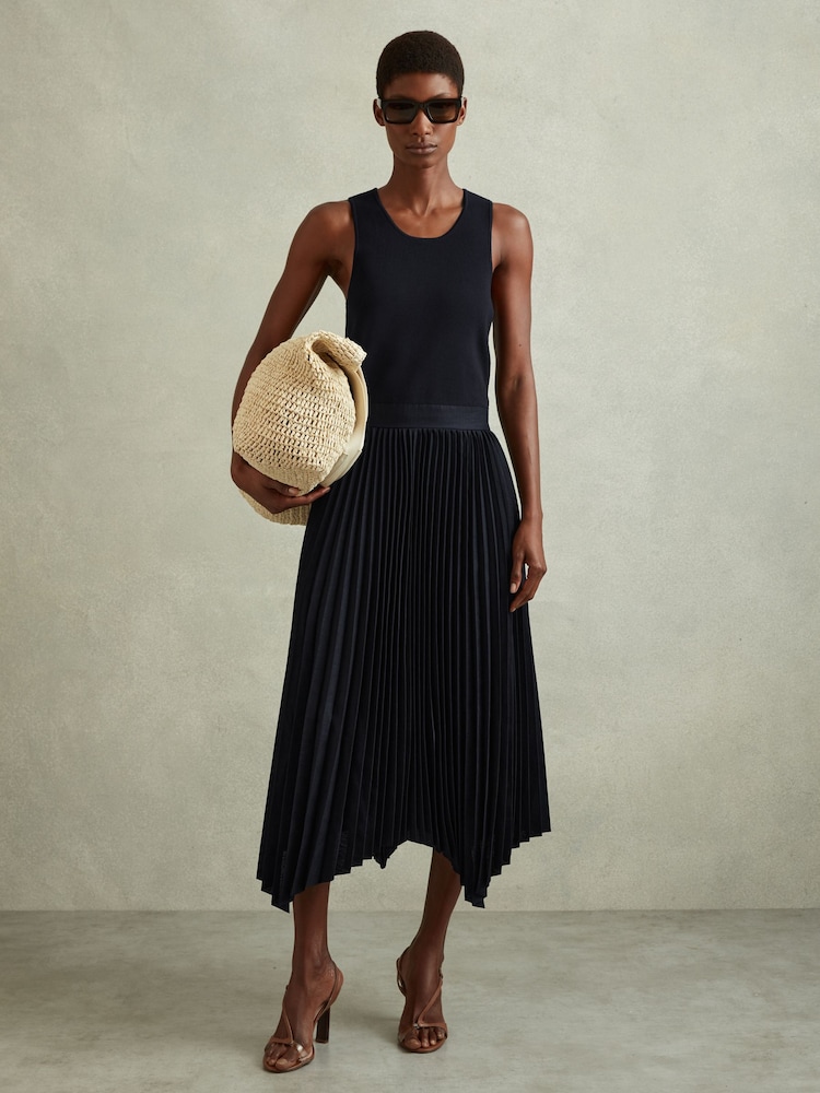 Reiss Navy Marnie Knit Hybrid Midi Dress - Image 1 of 5