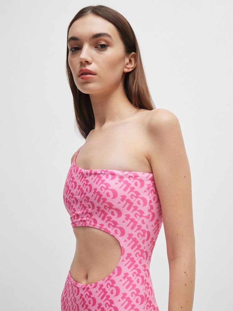 HUGO Pink Logo Print Cut-Out One Shoulder Swimsuit - Image 1 of 5