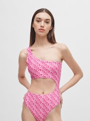 HUGO Pink Logo Print Cut-Out One Shoulder Swimsuit - Image 3 of 5