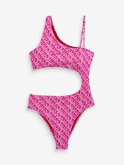 HUGO Pink Logo Print Cut-Out One Shoulder Swimsuit - Image 5 of 5