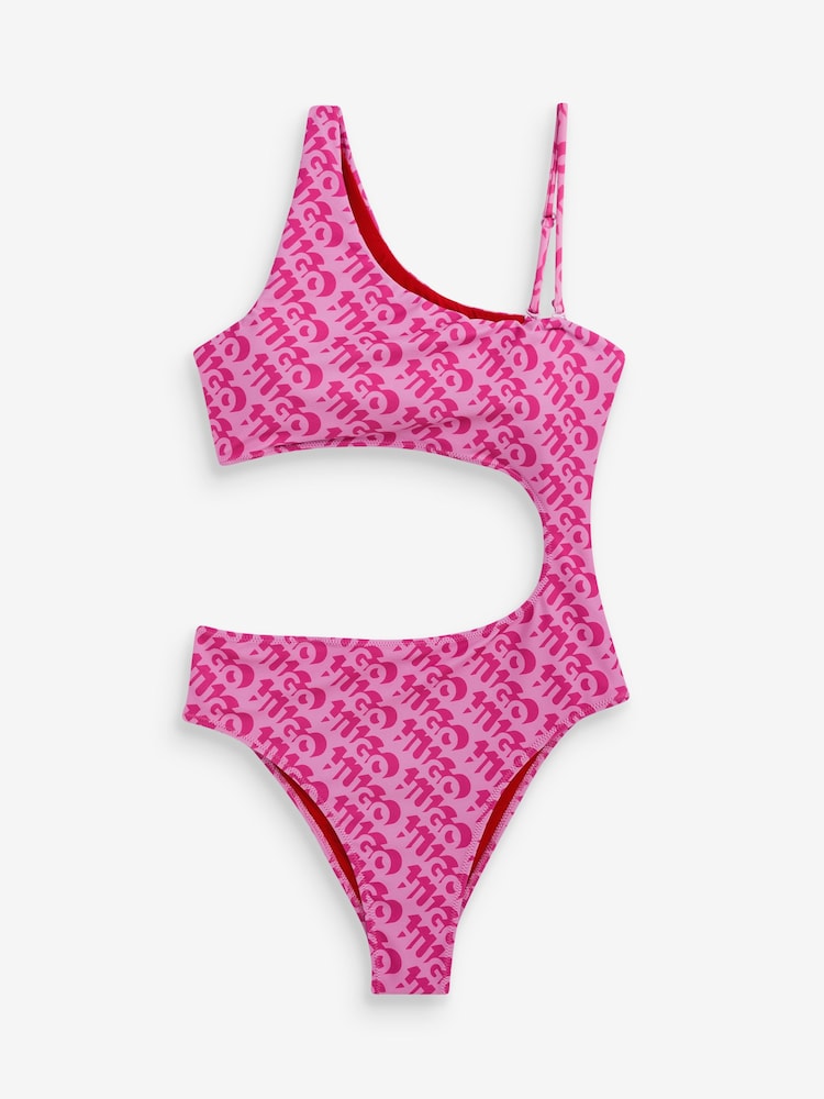 HUGO Pink Logo Print Cut-Out One Shoulder Swimsuit - Image 5 of 5 HUGO Pink Logo Print Cut-Out One Shoulder Swimsuit - Image 5 of 5
