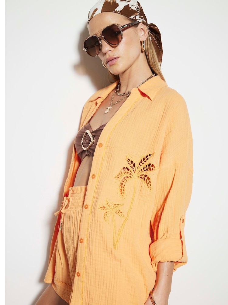 River Island Orange Palm Embroidered 100% Cotton Shirt - Image 1 of 6 River Island Orange Palm Embroidered 100% Cotton Shirt - Image 1 of 6