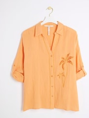 River Island Orange Palm Embroidered 100% Cotton Shirt - Image 5 of 6