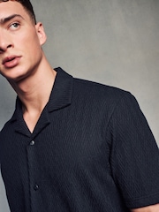 Black Zigzag Cuban Collar Textured Jersey Short Sleeve 100% Cotton Shirt - Image 1 of 7