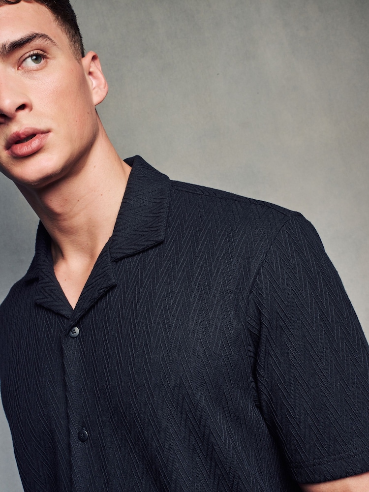Black Zigzag Cuban Collar Textured Jersey Short Sleeve 100% Cotton Shirt - Image 1 of 7