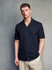 Black Zigzag Cuban Collar Textured Jersey Short Sleeve 100% Cotton Shirt - Image 2 of 7