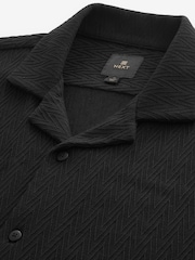Black Zigzag Cuban Collar Textured Jersey Short Sleeve 100% Cotton Shirt - Image 7 of 7
