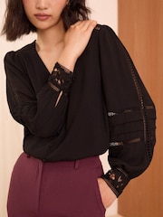 Love & Roses Black Lace Cuff V Neck Blouse - Image 2 of 4