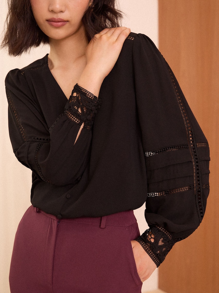 Love & Roses Black Lace Cuff V Neck Blouse - Image 2 of 4