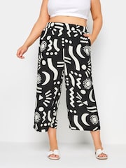 Yours Curve Black Black Abstract Print Wide Leg Cropped Trousers - Image 1 of 6