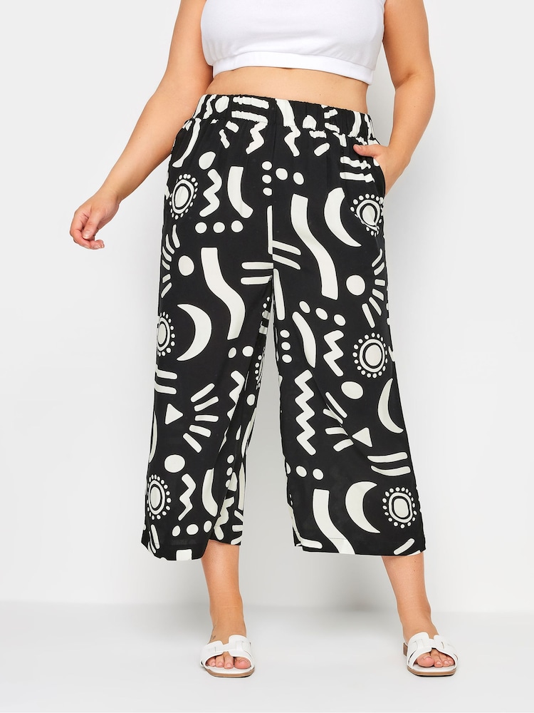 Yours Curve Black Black Abstract Print Wide Leg Cropped Trousers - Image 1 of 6