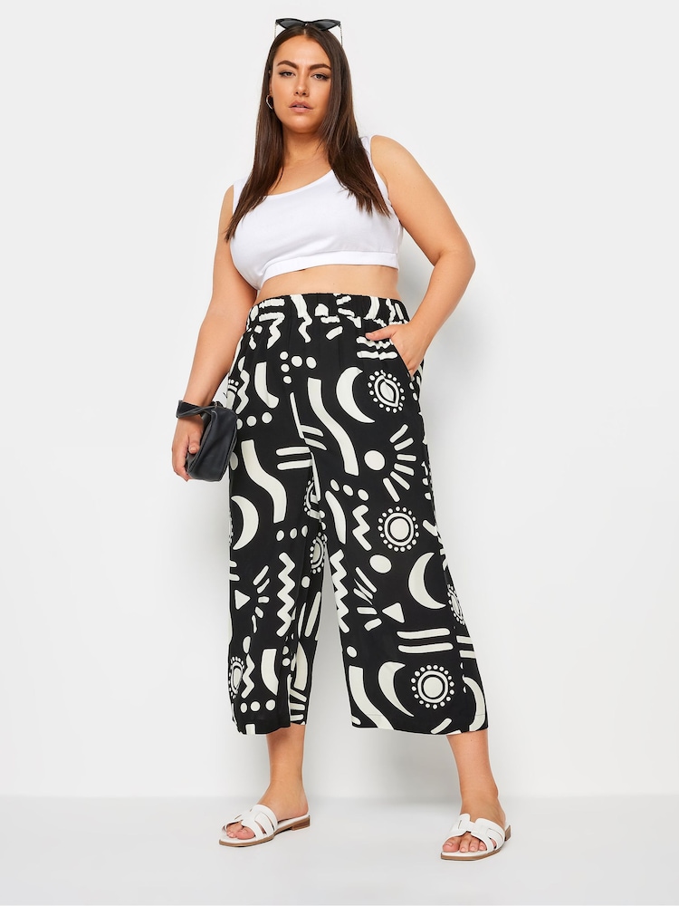 Yours Curve Black Black Abstract Print Wide Leg Cropped Trousers - Image 2 of 6