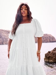 Yours Curve White Anglaise Button Front Maxi Dress - Image 1 of 6