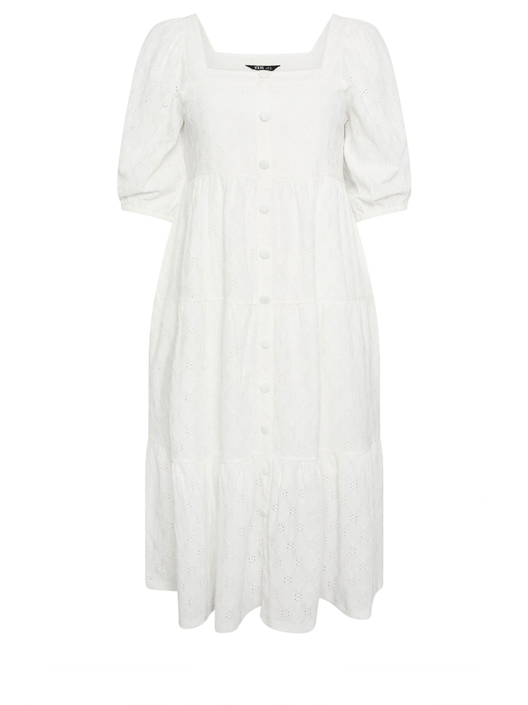 Blanco - Vestido largo con bordado inglés y botones en la parte delantera de Yours Curve - Imagen 6 de 6 Blanco - Vestido largo con bordado inglés y botones en la parte delantera de Yours Curve - Imagen 6 de 6