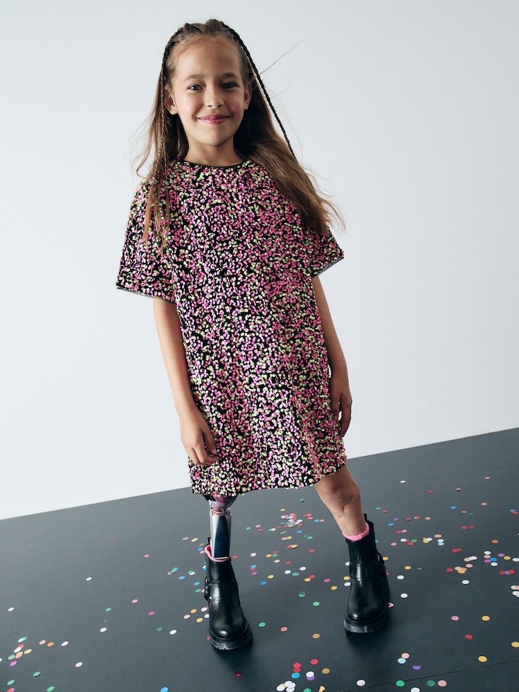 Pink/Green Velour Sequin Party Dress (3-16yrs) - Image 1 of 7