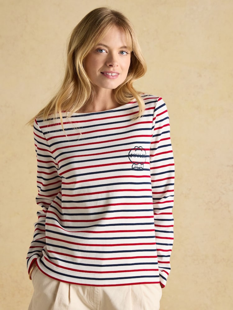 Joules Harbour Red, White & Blue Stripe Embroidered Boat Neck Breton Top - Image 1 of 8