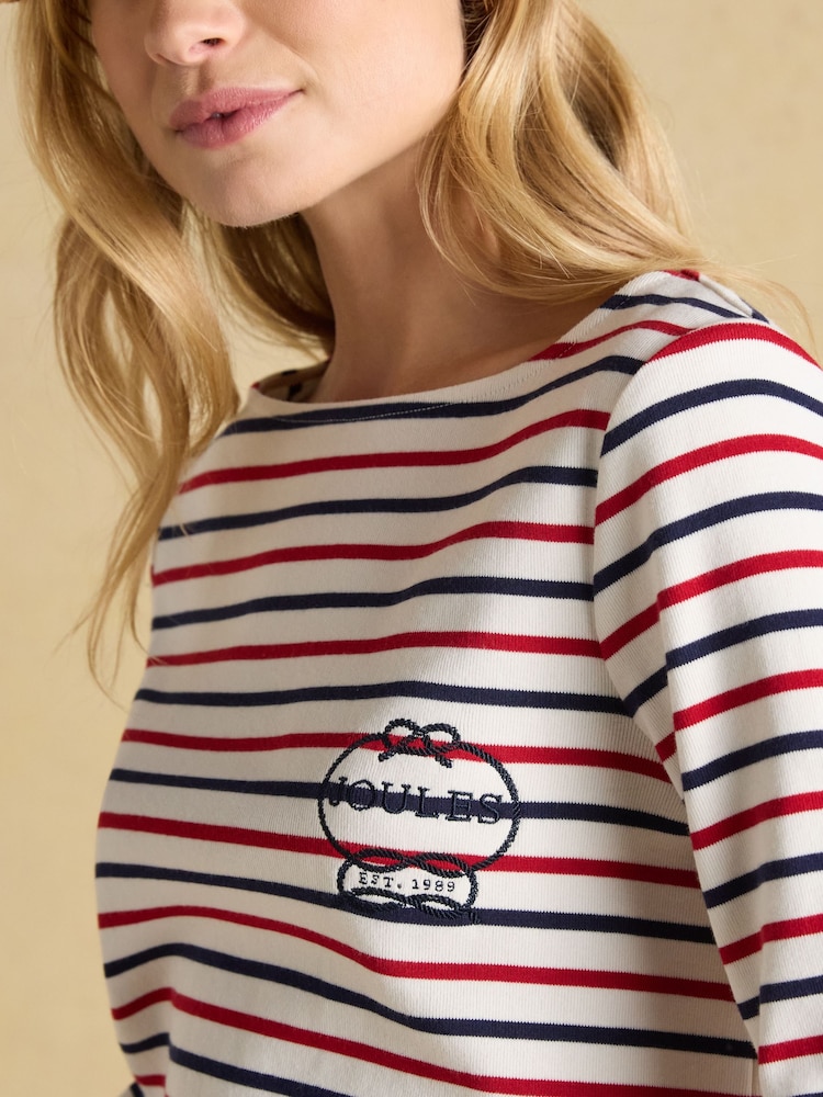 Joules Harbour Red, White & Blue Stripe Embroidered Boat Neck Breton Top - Image 5 of 8