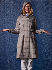 Joules Holkham Tan Check Waterproof Packable Raincoat With Hood - Image 1 of 12