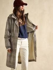 Joules Holkham Tan Check Waterproof Packable Raincoat With Hood - Image 8 of 12