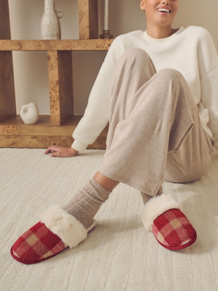 Berry Red Check Mule Slippers - Image 1 of 8