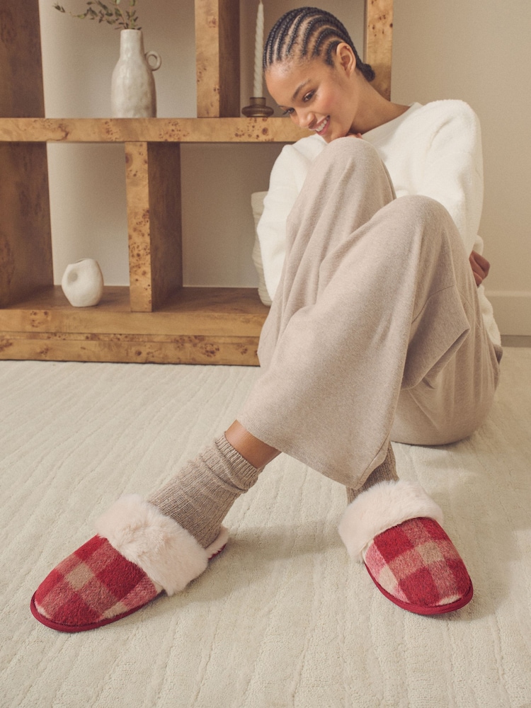 Berry Red Check Mule Slippers - Image 2 of 8