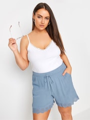 Yours Curve Blue Broderie Anglaise Scalloped Shorts - Image 1 of 5