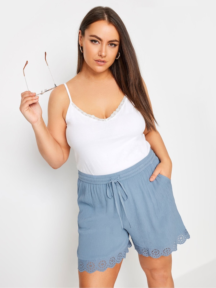 Yours Curve Blue Broderie Anglaise Scalloped Shorts - Image 1 of 5