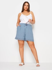 Yours Curve Blue Broderie Anglaise Scalloped Shorts - Image 2 of 5