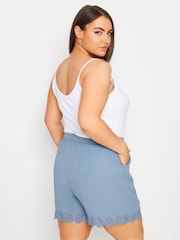Yours Curve Blue Broderie Anglaise Scalloped Shorts - Image 3 of 5