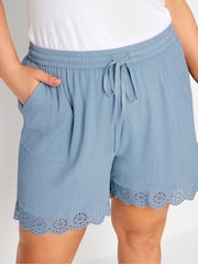 Yours Curve Blue Broderie Anglaise Scalloped Shorts - Image 4 of 5