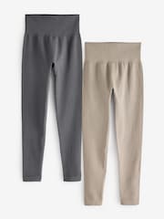 Grey/Ecru Ribbed High Waist Leggings 2 Pack - Image 1 of 8