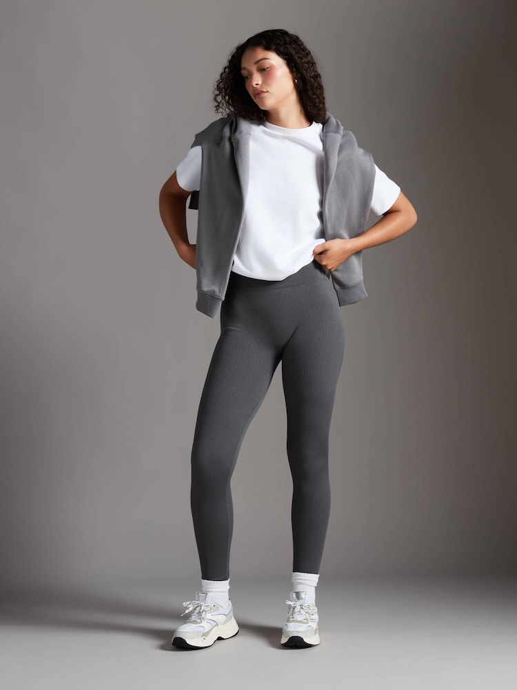 Grey/Ecru Ribbed High Waist Leggings 2 Pack - Image 2 of 8