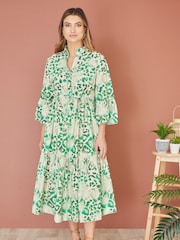 Yumi Green Animal Print Broderie Anglaise 100% Cotton Midi Shirt Dress - Image 1 of 5