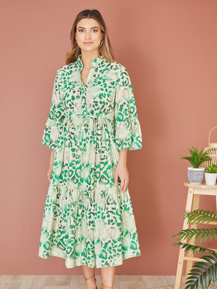 Yumi Green Animal Print Broderie Anglaise 100% Cotton Midi Shirt Dress - Image 1 of 5
