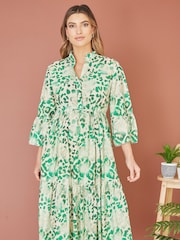 Yumi Green Animal Print Broderie Anglaise 100% Cotton Midi Shirt Dress - Image 2 of 5
