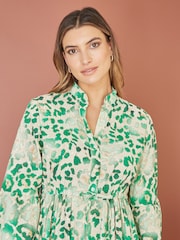 Yumi Green Animal Print Broderie Anglaise 100% Cotton Midi Shirt Dress - Image 3 of 5