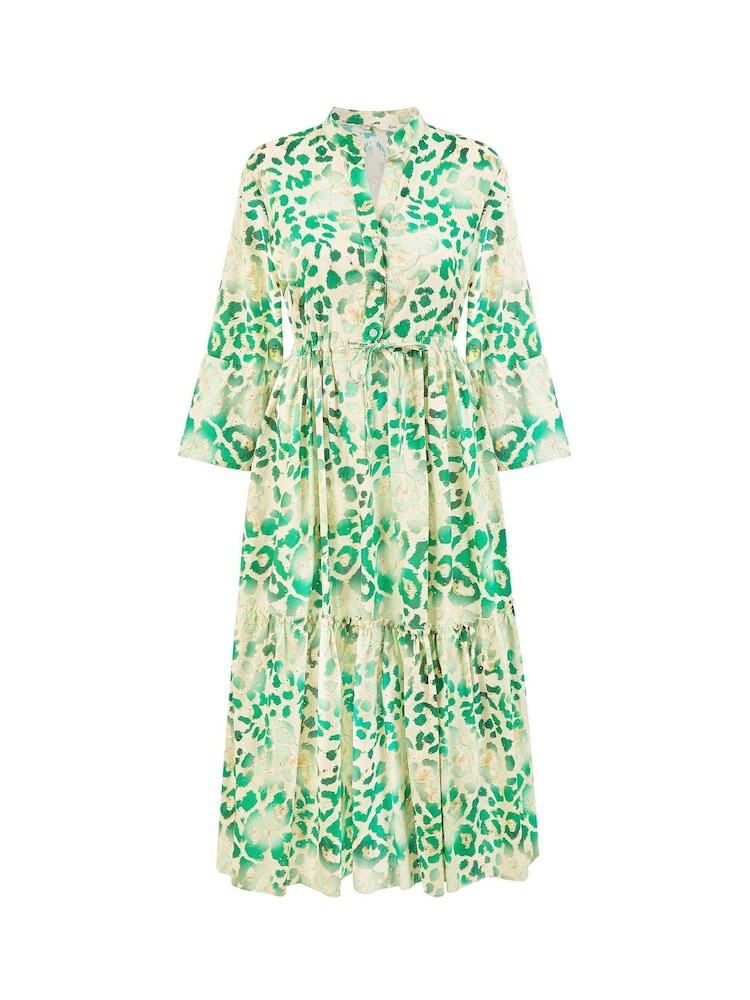 Yumi Green Animal Print Broderie Anglaise 100% Cotton Midi Shirt Dress - Image 5 of 5