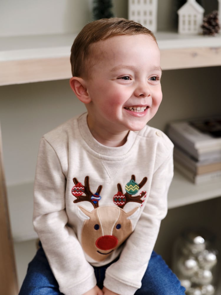 JoJo Maman Bébé Natural Reindeer Appliqué Sweatshirt - Image 1 of 5