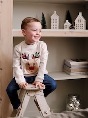 JoJo Maman Bébé Natural Reindeer Appliqué Sweatshirt - Image 2 of 5