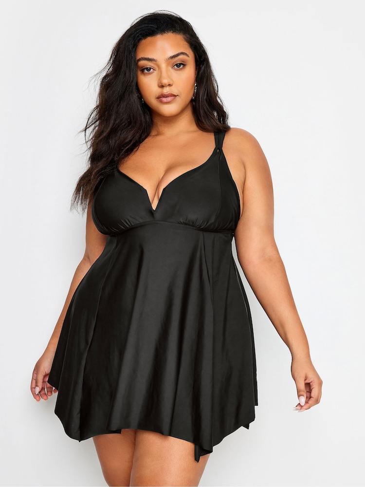 Yours Curve Black Knotted Strap Hanky Hem Swim Dress - Image 1 of 6 Yours Curve Black Knotted Strap Hanky Hem Swim Dress - Image 1 of 6