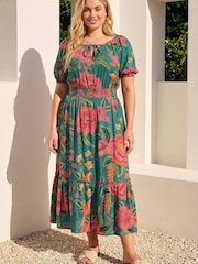 Roman Green Curve Floral Shirred Waist Midi Dress - Image 1 of 4