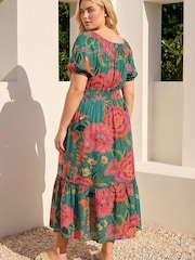 Roman Green Curve Floral Shirred Waist Midi Dress - Image 2 of 4