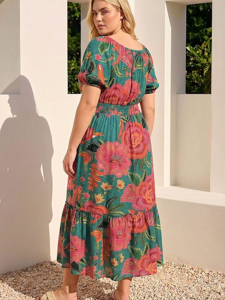 Roman Green Curve Floral Shirred Waist Midi Dress - Image 2 of 4 Roman Green Curve Floral Shirred Waist Midi Dress - Image 2 of 4