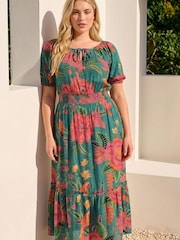 Roman Green Curve Floral Shirred Waist Midi Dress - Image 3 of 4