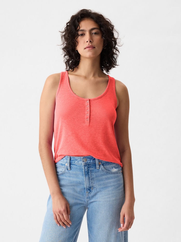 Gap Red Linen Blend Sleeveless Henley Vest Top - Image 1 of 5 Gap Red Linen Blend Sleeveless Henley Vest Top - Image 1 of 5