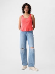 Gap Red Linen Blend Sleeveless Henley Vest Top - Image 3 of 5
