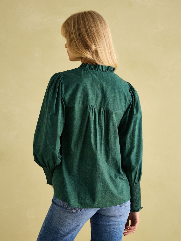 Joules Mariella Green Paisley Cotton Frill Neck Blouse - Image 2 of 8