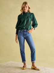 Joules Mariella Green Paisley Cotton Frill Neck Blouse - Image 3 of 8