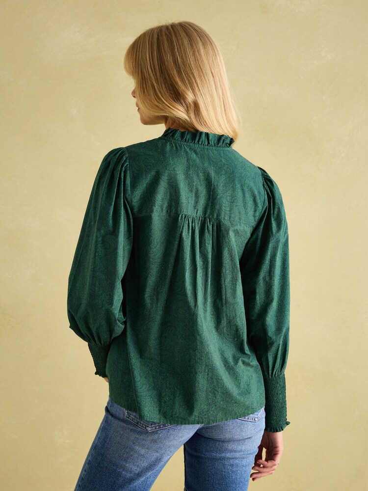 Joules Mariella Green Paisley Cotton Frill Neck Blouse - Image 2 of 8